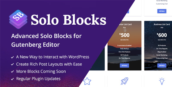 SoloBlocks – Blocks Plugin for Wordpress Gutenberg Editor Preview - Rating, Reviews, Demo & Download