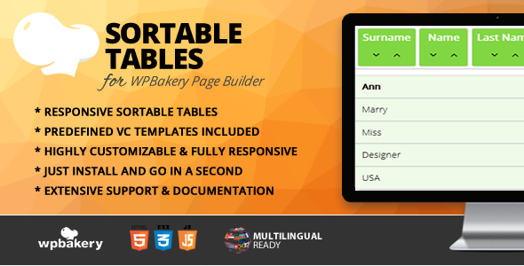 Sortable Tables Addon For WPBakery Page Builder Preview Wordpress Plugin - Rating, Reviews, Demo & Download