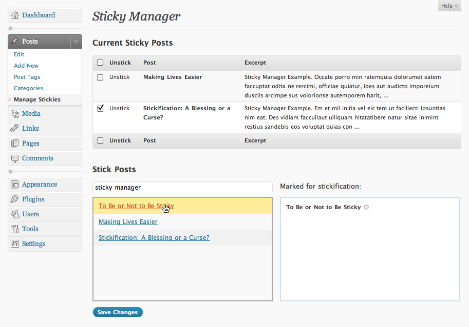 Sticky Manager Preview Wordpress Plugin - Rating, Reviews, Demo & Download