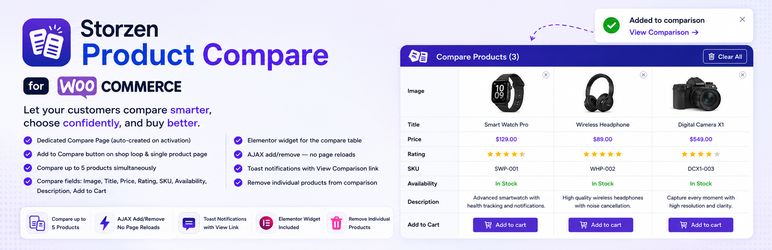Storzen Product Compare For WooCommerce Preview Wordpress Plugin - Rating, Reviews, Demo & Download