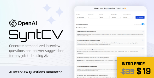 SyntCV: AI Interview Questions Generator Preview Wordpress Plugin - Rating, Reviews, Demo & Download