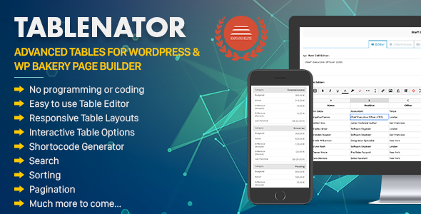 Tablenator – Easy & Advanced Tables Plugin for Wordpress Preview - Rating, Reviews, Demo & Download