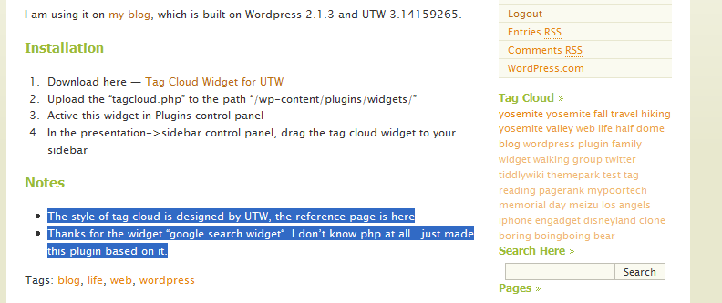 Tag Cloud Widget For UTW Preview Wordpress Plugin - Rating, Reviews, Demo & Download