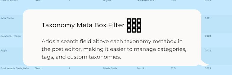 Taxonomy Meta Box Filter Preview Wordpress Plugin - Rating, Reviews, Demo & Download