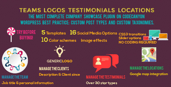 Teams Logos Testimonials Locations Plugin for Wordpress Preview - Rating, Reviews, Demo & Download