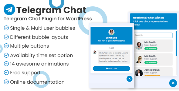 Telegram Chat Support Pro WordPress Plugin Preview - Rating, Reviews, Demo & Download