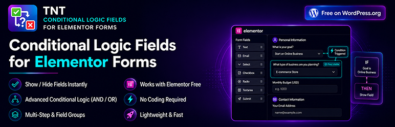 TNT Conditional Logic Fields For Elementor Forms Preview Wordpress Plugin - Rating, Reviews, Demo & Download