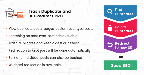 Trash Duplicate And 301 Redirect PRO Plugin for Wordpress Preview - Rating, Reviews, Demo & Download