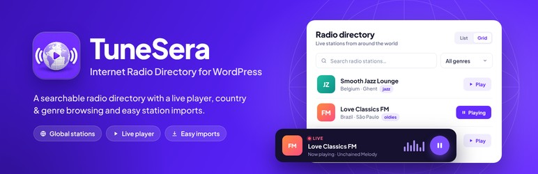 TuneSera Internet Radio Directory Preview Wordpress Plugin - Rating, Reviews, Demo & Download