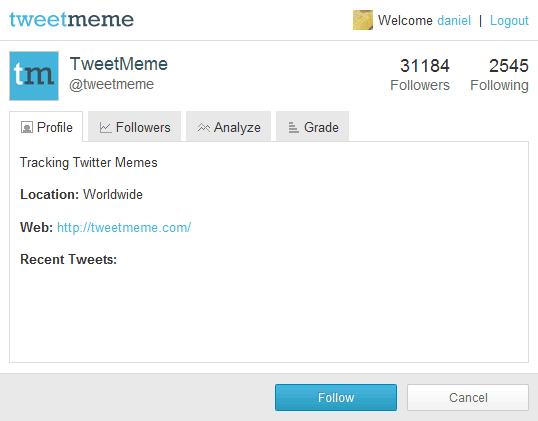 TweetMeme Twitter Follow Button Preview Wordpress Plugin - Rating, Reviews, Demo & Download