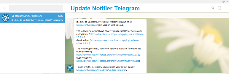Update Notifier Telegram Preview Wordpress Plugin - Rating, Reviews, Demo & Download