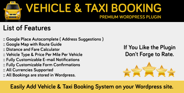 Vehicle And Taxi Booking Plugin for Wordpress Preview - Rating, Reviews, Demo & Download