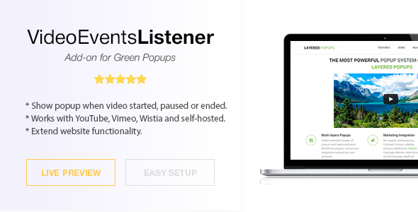 Video Events Listener – Green Popups Add-On Preview Wordpress Plugin - Rating, Reviews, Demo & Download