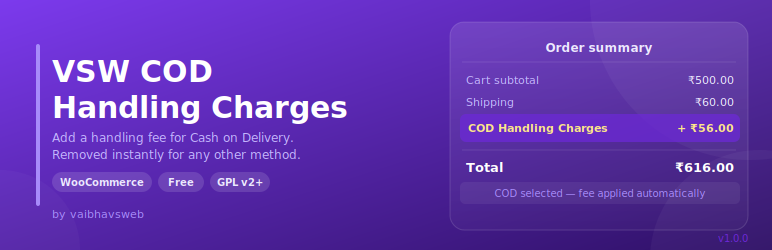 VSW COD Handling Charges Preview Wordpress Plugin - Rating, Reviews, Demo & Download