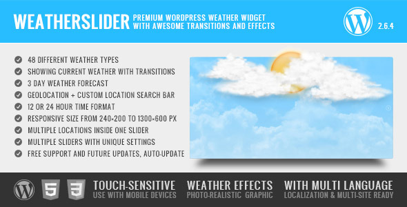WeatherSlider Premium WordPress Weather Widget Preview - Rating, Reviews, Demo & Download