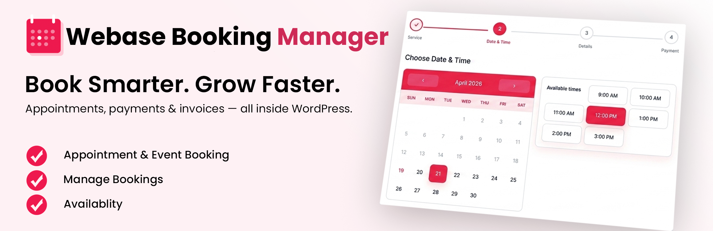 Webase Booking Manager Preview Wordpress Plugin - Rating, Reviews, Demo & Download