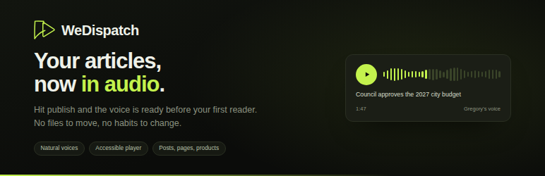 WeDispatch Audio Text To Speech Preview Wordpress Plugin - Rating, Reviews, Demo & Download