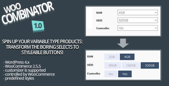 WooCombinator For Variable Products – Turn Your Boring Selects Into Buttons! Preview Wordpress Plugin - Rating, Reviews, Demo & Download