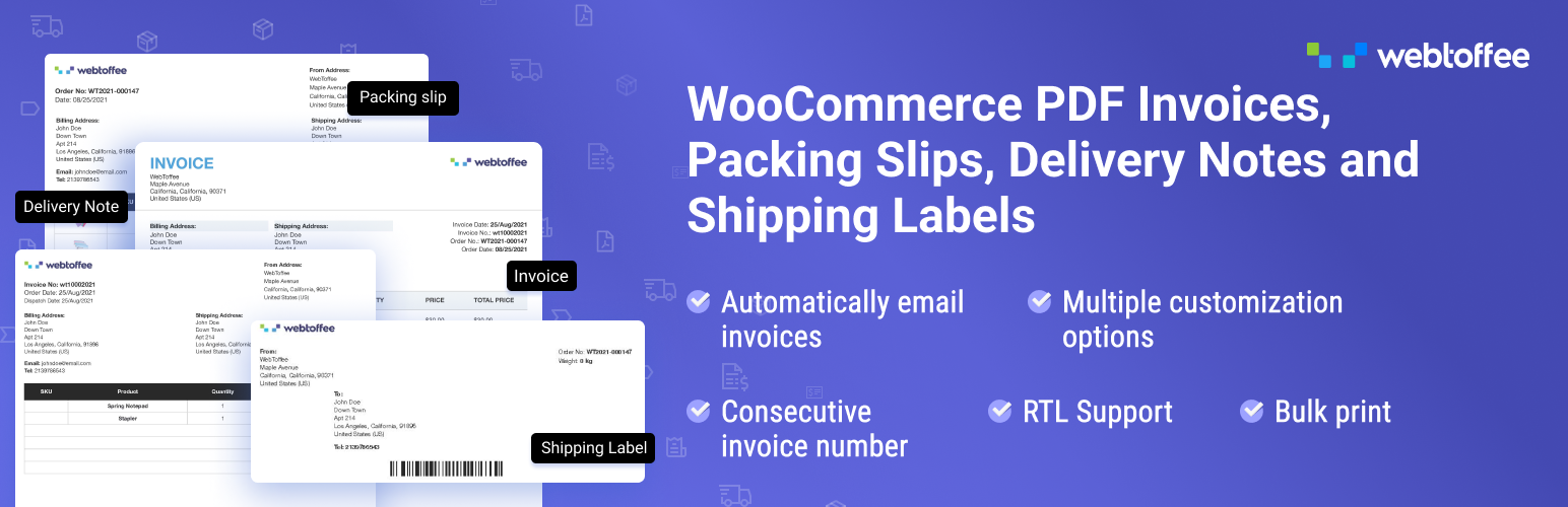 WooCommerce PDF Invoices, Packing Slips, Delivery Notes And Shipping Labels Preview Wordpress Plugin - Rating, Reviews, Demo & Download