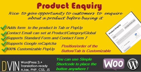 Woocommerce Product Enquiry Preview Wordpress Plugin - Rating, Reviews, Demo & Download