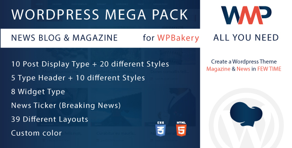 Wordpress Mega Pack For WPBakery – News, Blog And Magazine – All You Need Preview - Rating, Reviews, Demo & Download