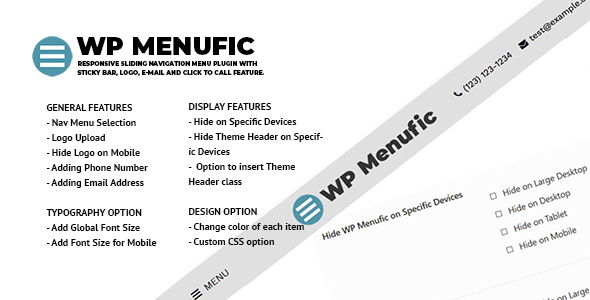WP Menufic – Responsive Sliding Menu With Sticky Bar, Logo, E-mail And Click To Call Preview Wordpress Plugin - Rating, Reviews, Demo & Download