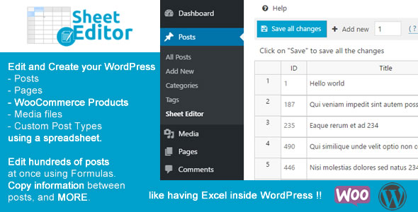 WP Sheet Editor – Bulk Spreadsheet Editor Plugin for Wordpress Posts And Products Preview - Rating, Reviews, Demo & Download