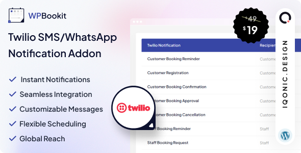 WPBookit – Twilio SMS/WhatsApp Notification (Addon) Preview Wordpress Plugin - Rating, Reviews, Demo & Download