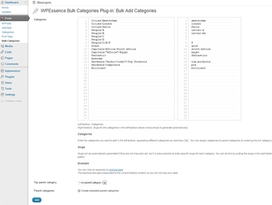 WPEssence Bulk Categories Preview Wordpress Plugin - Rating, Reviews, Demo & Download