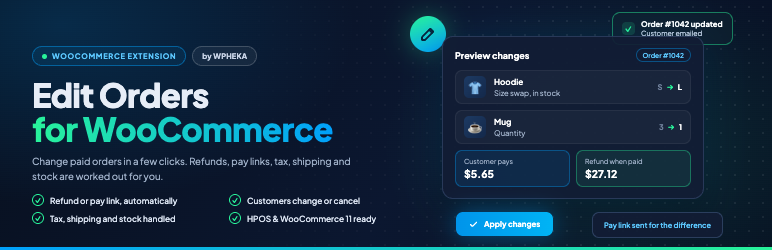 WPHEKA Edit Orders For WooCommerce Preview Wordpress Plugin - Rating, Reviews, Demo & Download